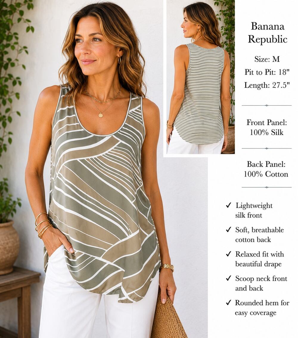 Banana Republic Silk Front, Cotton Back Breathable Olive Striped Tank Size M